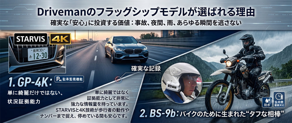 ドライブレコーダーはただ映るだけの時代ではありません。東京消防庁や各県警本部にも採用されているDrivemanのフラッグシップモデル「GP-4K」と「BS-9b」に、なぜ価格以上の価値があるのか？確実な記録で現場を守る、性能の裏側を解説します。